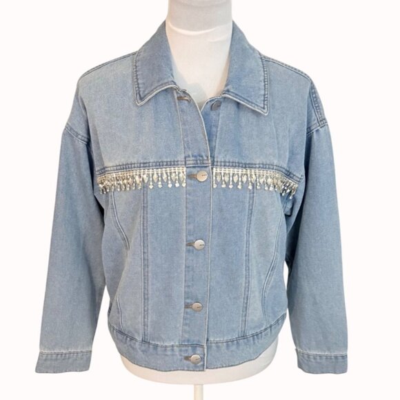 TGLA Denim Jacket Rhinestone Fringe Size M Light Wash Western Cowgirl Jean Coat - Picture 3 of 16